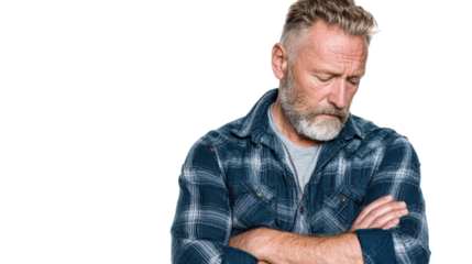 A contemplative man with gray hair wearing a plaid shirt, looking down thoughtfully on a neutral background.