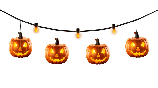 Spooky Halloween pumpkin lights string, glowing jack-o'-lanterns creating fun festive atmosphere, perfect for autumn celebrations and Halloween decor projects, holidays