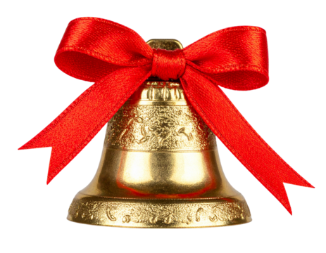 Golden Sleigh Bells with Red Ribbon, isolated on transparent background PNG