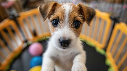 A cute terrier puppy standing on its hind legs inside a playpen