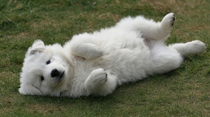 A fluffy puppy rolling on its back on the grass with paws up