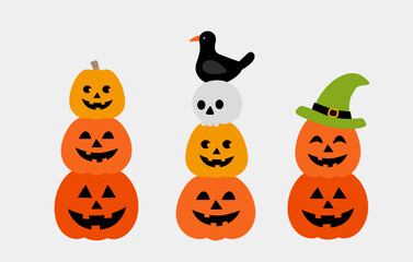 Set of stacked Halloween pumpkins with crows.
Cute Jack-o'-Lantern pumpkin element design.
Halloween pumpkin flat vector illustration.