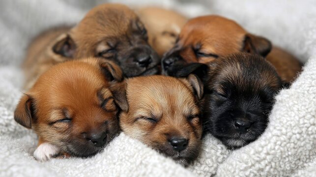 A group of newborn puppies snuggled close together on a fuzzy blanket