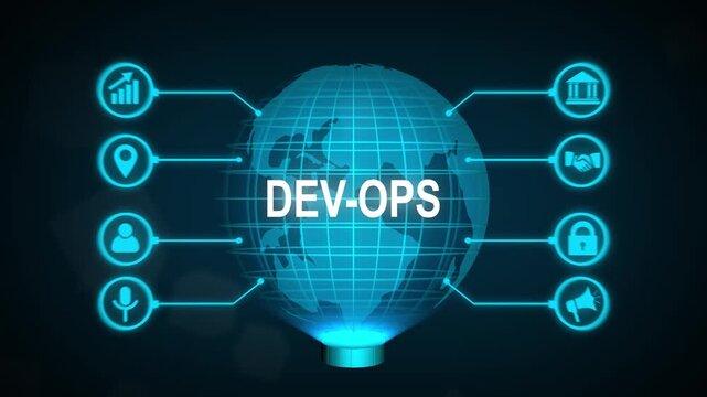 DevOps Methodology Development Operations agil ,new business concept ,tee icon attached around the map features the concept of network and technology confirmed. the map is rotating ,specify all icons