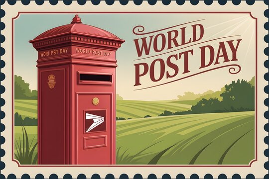 Celebrating the global postal network, symbolized by a classic red postbox against a charming cityscape.