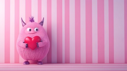 3D render of a fluffy, pink monster with horns holding a red heart against a striped pink background.