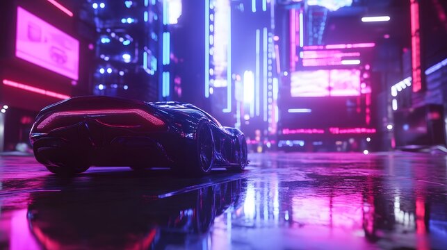 Digital illustration of a sleek black car reflecting neon cityscape lights on a wet street.