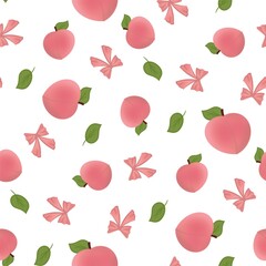 Seamless Peach Fruit with Leaves and Pink Ribbons Pattern on White Background