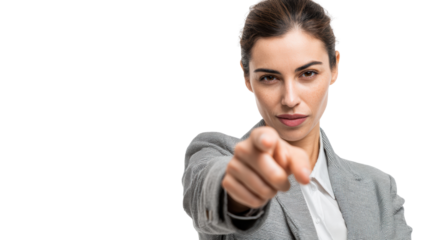 Confident businesswoman pointing at the camera on a white isolated background.