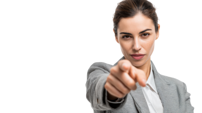 Confident businesswoman pointing at the camera on a white isolated background.