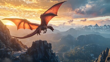 Digital illustration of a red dragon soaring above jagged mountains during sunset.