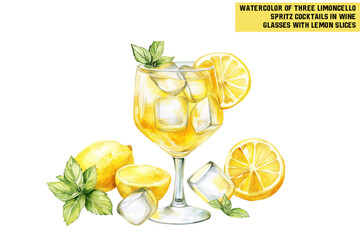 Fototapeta premium Glass of Hugo Spritz cocktail with ice, lime wheels and mint leaves on light green background. Watercolor illustration of refreshing summer drink. Summer cocktail and aperitif concept.