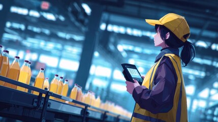 Quality Control Officer Inspecting Bottled Products on Production Line