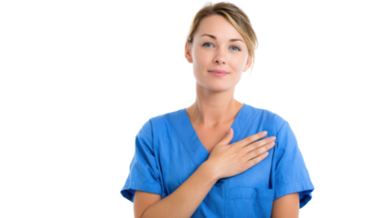 Confident healthcare professional in a blue scrubs, hand on heart, isolated on white background.