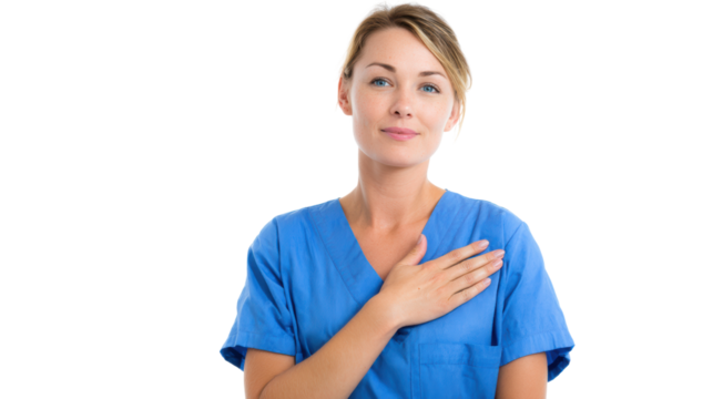 Confident healthcare professional in a blue scrubs, hand on heart, isolated on white background.
