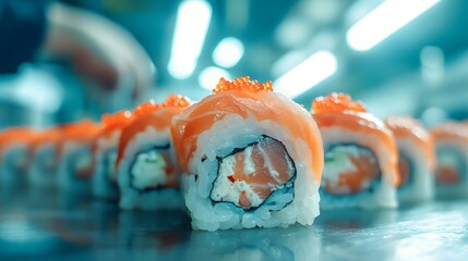 Photograph of salmon maki rolls displayed on a reflective surface under blue lighting.