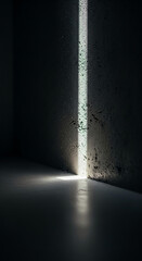 Obraz premium Dark concrete wall with a single, vertical light beam illuminating a floor corner, creating a minimalist and dramatic scene, symbolic of hope, clarity, or a new beginning
