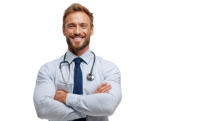 Fototapeta premium Confident male doctor smiling with arms crossed, wearing a stethoscope, isolated on white background.