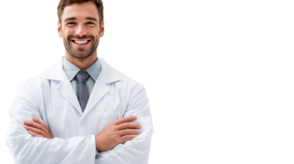 Confident male doctor smiling in a white coat, arms crossed, on a white isolated background.