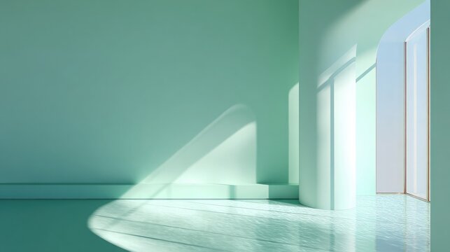 Bright mint green wall with subtle shadow castings, ideal for modern product placement