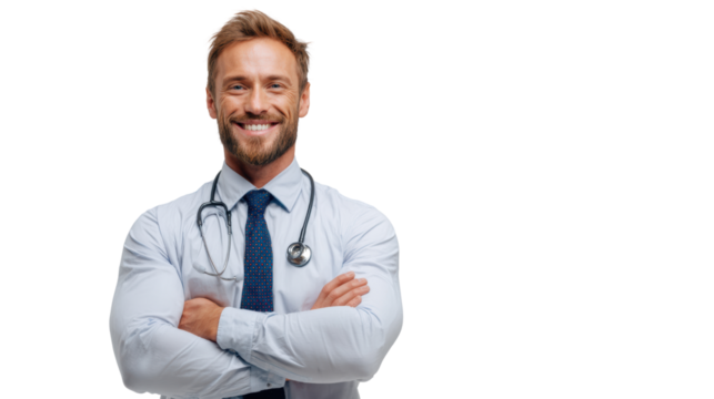 Confident male doctor smiling with arms crossed, wearing a stethoscope, isolated on white background.