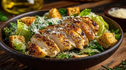 Chicken Caesar salad with croutons and parmesan in dark bowl, closeup. Perfect for illustrating healthy eating, recipes, or restaurant menus.