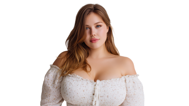 Confident woman in a stylish white blouse posing with a relaxed expression against a transparent background.