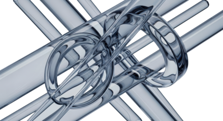 Intertwined transparent glass tubes forming a complex abstract shape with smooth reflections isolate transparent background