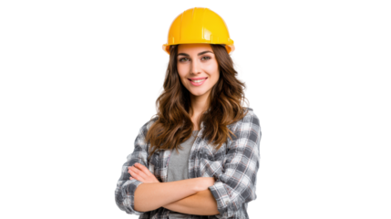 Confident woman in a yellow hard hat and flannel shirt, smiling and posing with arms crossed.