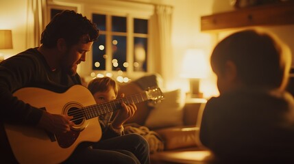 Photograph of a man playing an acoustic guitar while his child watches, illuminated by soft, warm interior lighting.