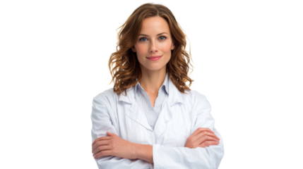 Confident woman in lab coat with arms crossed, isolated on white background.