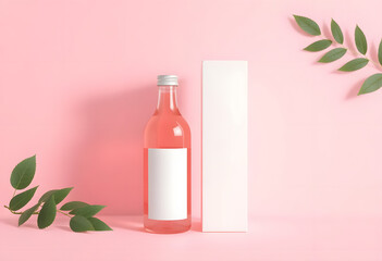 Pink Wine Bottle with Box on Leaf Background