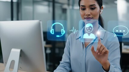 Engaged professional woman utilizes advanced AI technology for seamless customer service interaction via holographic interface in a modern office environment. - Powered by Adobe