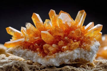 Cluster of vibrant orange crystals on a light beige matrix