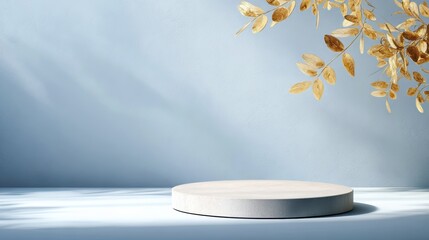 Minimalist product display background with a round light stone pedestal