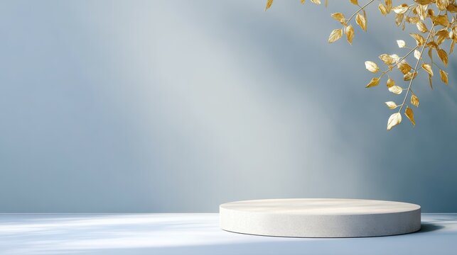 Minimalist product display background with a round light stone pedestal