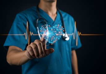 The fusion of medicine and technology is shown by a hand touching a glowing, digital heart.