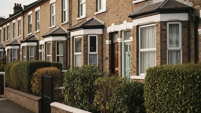 Row of traditional English terraced houses with bay windows. Residential street in the UK with brick homes and front gardens.