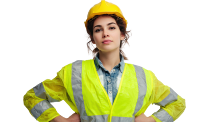 Confident woman wearing safety gear, standing with hands on hips, isolated on white background.