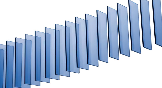 Row of translucent blue rectangles aligned diagonally with subtle gradients isolate geometric abstract - Powered by Adobe