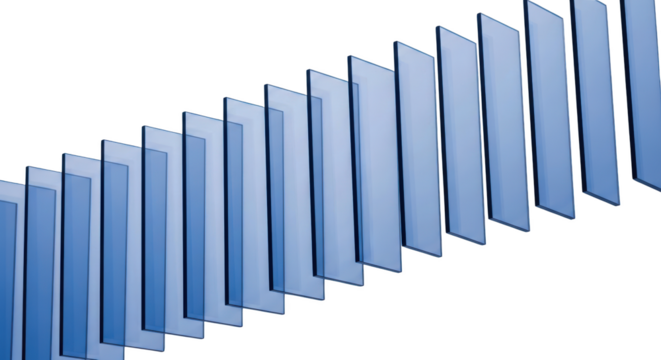 Row of translucent blue rectangles aligned diagonally with subtle gradients isolate geometric abstract