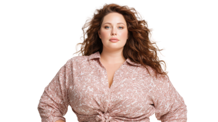 Confident woman with curly hair wearing a stylish outfit, posing against a white isolate background.