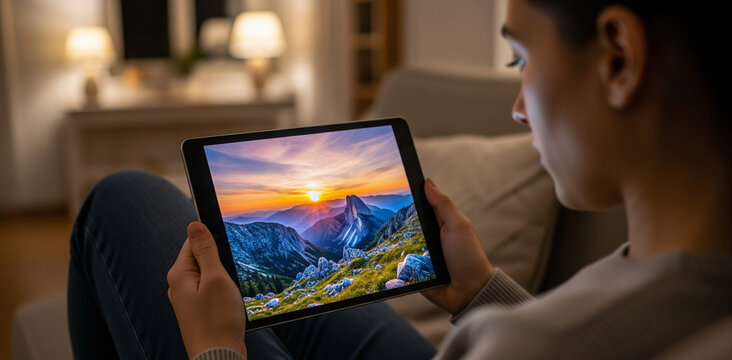 A people relaxes on a sofa, holding a tablet displaying a beautiful, lush green waterfall scene. She is engrossed in the vibrant image, enjoying a moment of digital escapism.