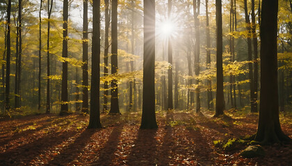 Sunlight Filtering Through Autumn Forest Trees in Morning Light