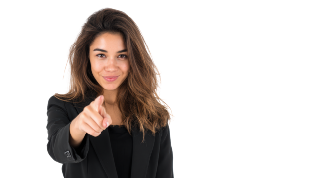 Confident young woman in a black blazer pointing directly at the viewer with a smile.