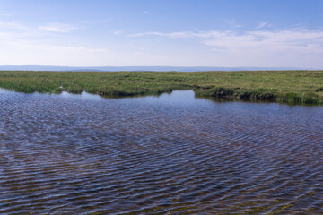 shallow lake on a high mountain plateau in the alpine tundra
