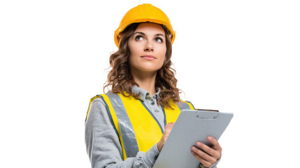 Female construction worker in hard hat holding clipboard, looking thoughtful, isolated on white background.