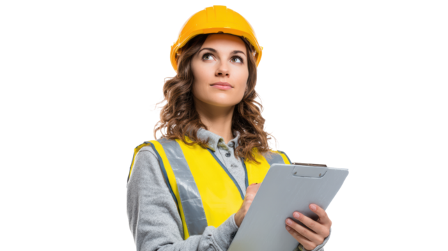 Female construction worker in hard hat holding clipboard, looking thoughtful, isolated on white background.