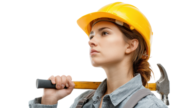 Female construction worker with yellow helmet and hammer, isolated on white background.