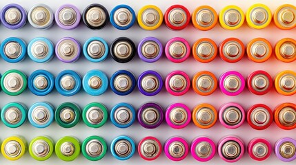 Diagonal alignment of various cylindrical batteries on bright white background